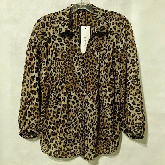 Soaked In Luxury Blouse Leopard Shirt Long Sleeve Button Down Animal Print Top - Picture 4 of 15